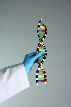 Scientist with DNA structure model on color background, closeup Stockfoto's