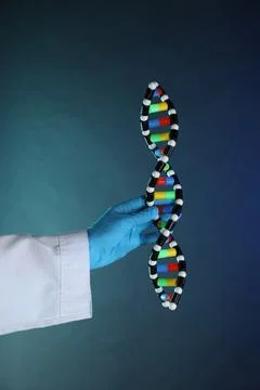 Scientist with DNA structure model on dark blue background, closeup Stock Photos