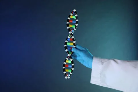 Scientist with DNA structure model on dark blue background, closeup 스톡 사진