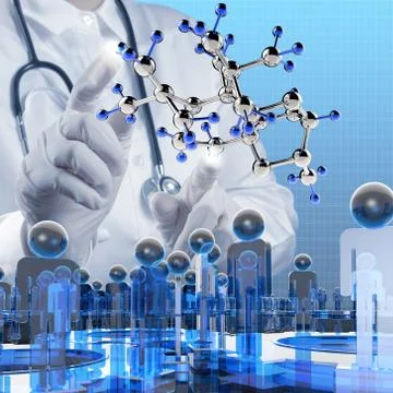 Scientist doctor hand touch virtual molecular structure in the lab Illustration