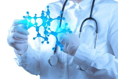 Scientist doctor hand touch virtual molecular structure 스톡 일러스트