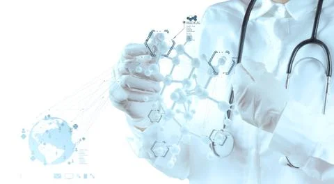 Scientist doctor hand touch virtual molecular structure in the lab Stockillustratie