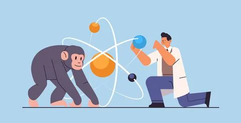 Scientist doing experiments in lab with animal veterinary worker with Illustrazione stock