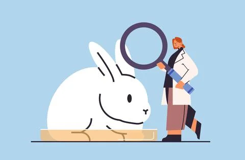 Scientist doing experiments in lab with animal veterinary worker with Illustrazione stock