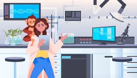 Scientist doing experiments in lab veterinary worker with experimental monkey Illustrazione stock