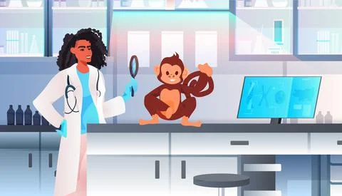 Scientist doing experiments in lab woman veterinary worker with experimental 스톡 일러스트
