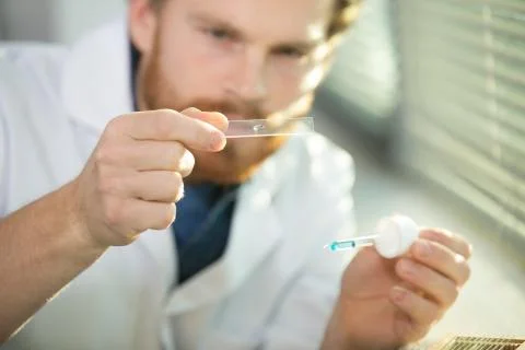 Scientist with dropper and microscope slide Stock Photos