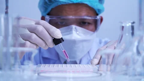 Scientist dropping biochemical solution in to microplate for DNA analysis. Stock Footage 302521714