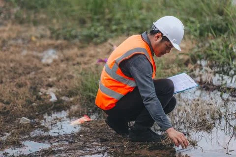 Scientist Ecologist taking a water sample and reading ph value at river. Wa.. Stock Photos