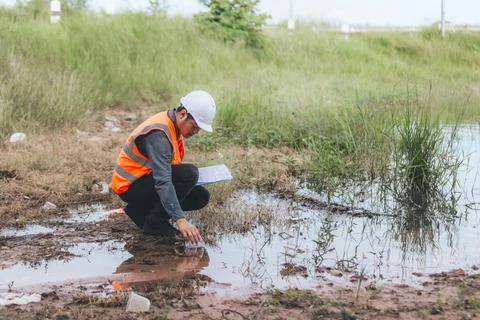 Scientist Ecologist taking a water sample and reading ph value at river. Wa.. Stock Photos