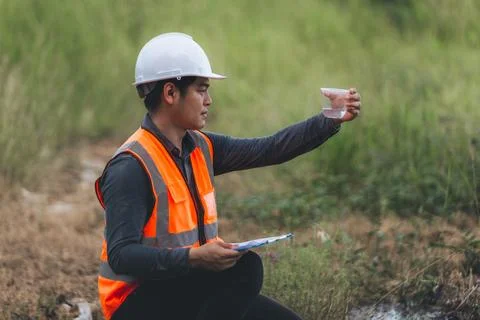Scientist Ecologist taking a water sample and reading ph value at river. Wa.. Stock Photos