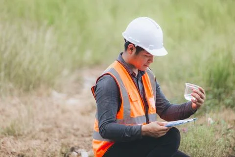 Scientist Ecologist taking a water sample and reading ph value at river. Wa.. Stock Photos