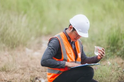Scientist Ecologist taking a water sample and reading ph value at river. Wa.. Stock Photos