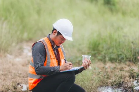Scientist Ecologist taking a water sample and reading ph value at river. Wa.. Stock Photos