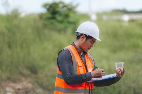 Scientist Ecologist taking a water sample and reading ph value at river. Wa.. Stock Photos
