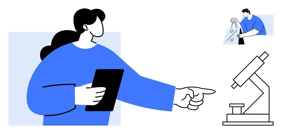 Scientist Engaging in Research with Microscope While Holding Tablet and Col.. Stock Illustration