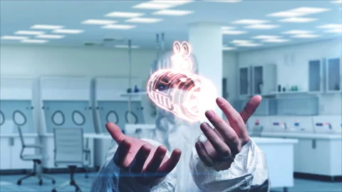 Scientist engineer examines a holographic model of a spacecraft 库存影片 164131885