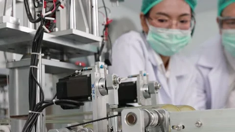 Scientist engineer or doctor in face mask discussion at medical mask production  Stock Footage 158468996