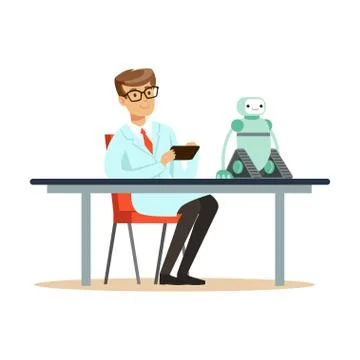 Scientist engineer tests the prototype of the robot Stock Illustration