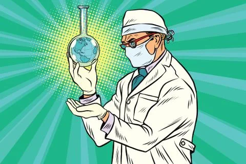 Scientist environmentalist and Earth in a flask Stock Illustration