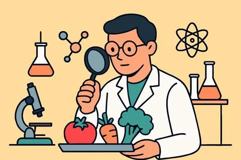 Scientist examines fresh vegetables under magnifying glass in laboratory se.. Stock Illustration