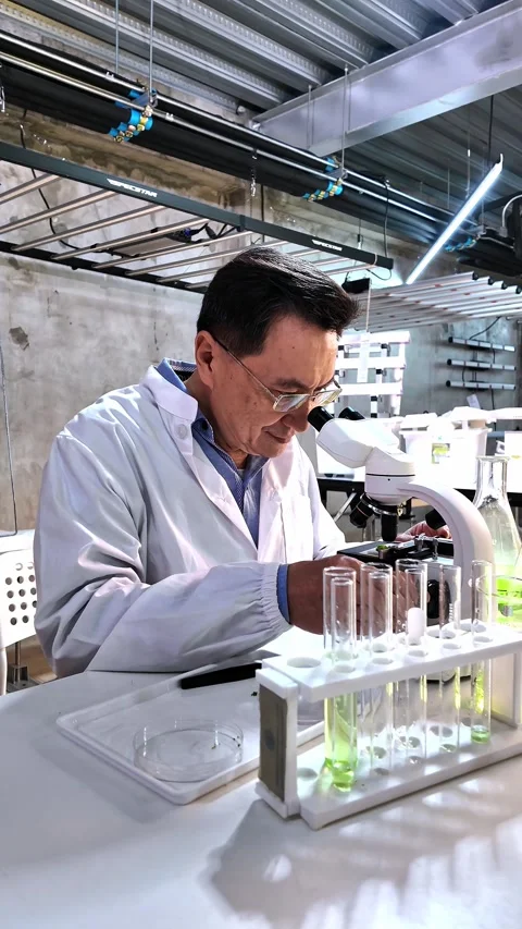 Scientist examines plant sample under microscope in a hydroponic lab Stock Footage 325708385
