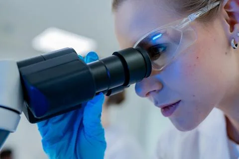 Scientist examines samples through a microscope in a laboratory setting Stock Photos