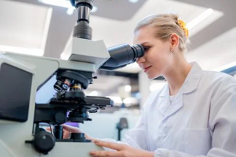 Scientist examines slide using microscope in modern laboratory setting duri.. Stock Photos