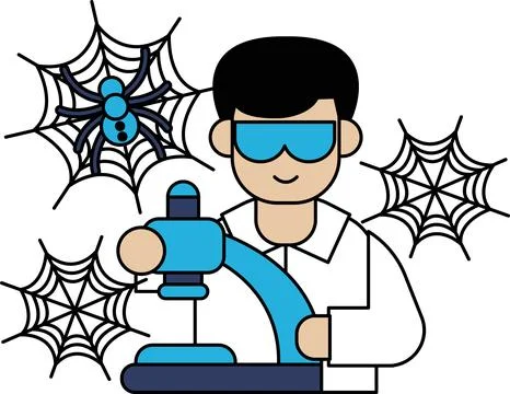 Scientist examines spider with microscope Stock Illustration