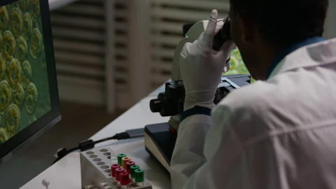 Scientist Examining Molecular Data through Microscope and Computer in Lab Stock Footage 332359765