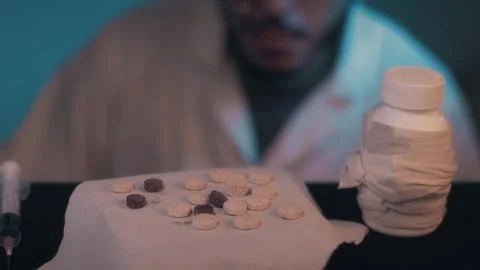 Scientist Examining Pills In Dark Lab With Syringe And Bottle Video stock 322605898