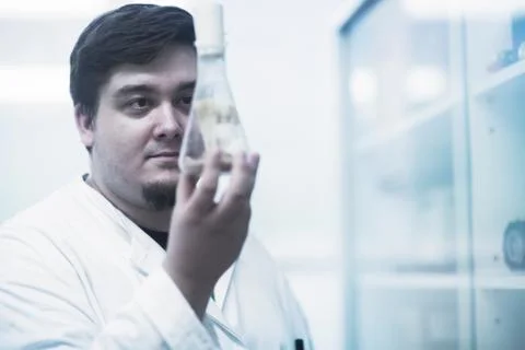 Scientist examining sample in beaker Foto stock