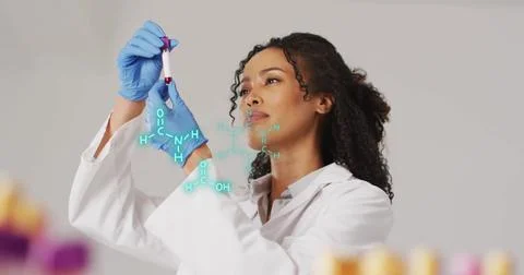 Scientist examining sample with molecular structure image overlaid Stock Illustration