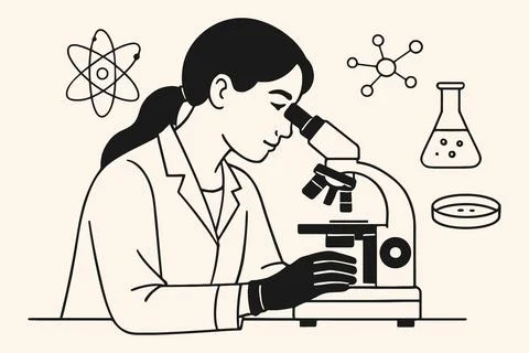 Scientist examining sample under microscope surrounded by scientific symbols Stock Illustration