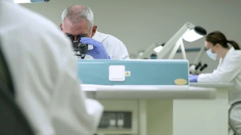 Scientist examining samples through a microscope 動画素材 77078691