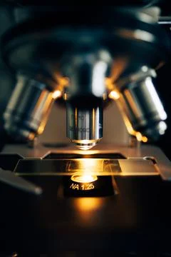 Scientist examining slide through microscope Stock Photos