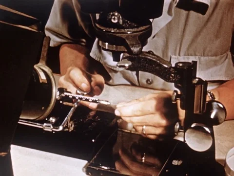 Scientist experiment on insect in lab - 1954 Stockbeeldmateriaal 94447760