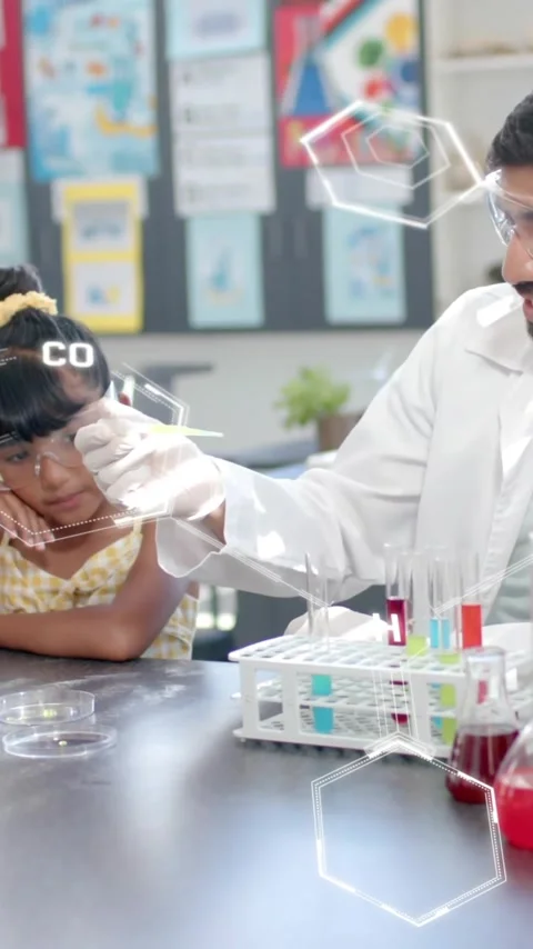 Scientist explaining chemical reactions to children over molecular structure Stock Footage 323780680