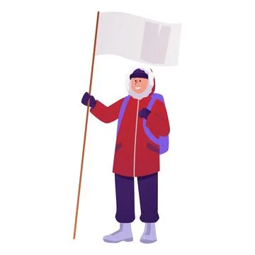 Scientist explorer character in warm winter outfit with flag and backpack Stock Illustration