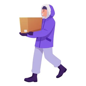 Scientist explorer character in warm winter outfit, man carries cardboard box Stock Illustration