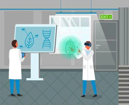 Scientist exploring dna of leaf, engineer using virtual reality glasses 스톡 일러스트