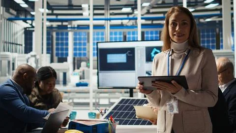 Scientist in factory using tablet to check photovoltaics materials parameters Stock Photos