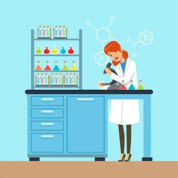 Scientist female looking through microscope, investigating objects, interior of Stockillustratie