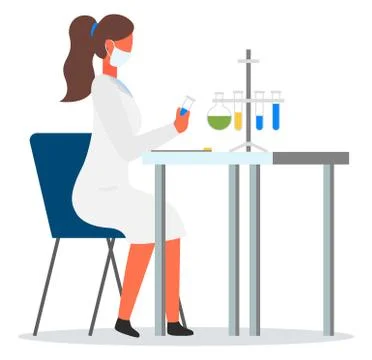 Scientist with flasks, engineer woman in face mask wearing white gown holding Stock Illustration
