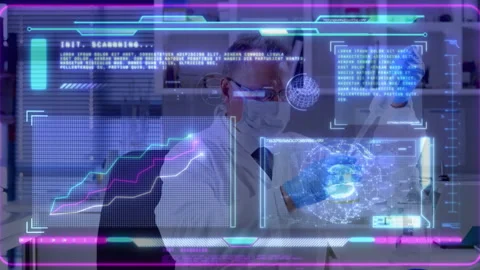 Scientist glancing UI chart, drawing yellow sample, dispensing into flask under Stock Footage 315557735
