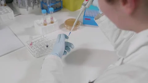 Scientist with gloves injecting a liquid sample into a Test tube in the lab for Stock Footage 245839521