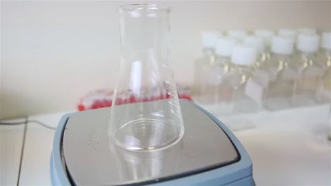 Scientist in gloves pours powder into a flask Stockbeeldmateriaal 100401538