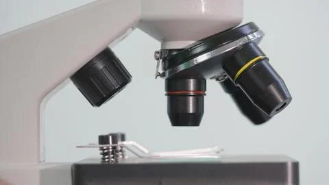 Scientist hand detail rotating objective lens of microscope Stock Photos