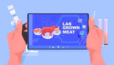 Scientist hands analyzing cultured red raw meat made from different animal cells イラスト素材