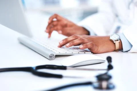 Scientist, hands and computer in lab or futuristic biotechnology learning Foto stock